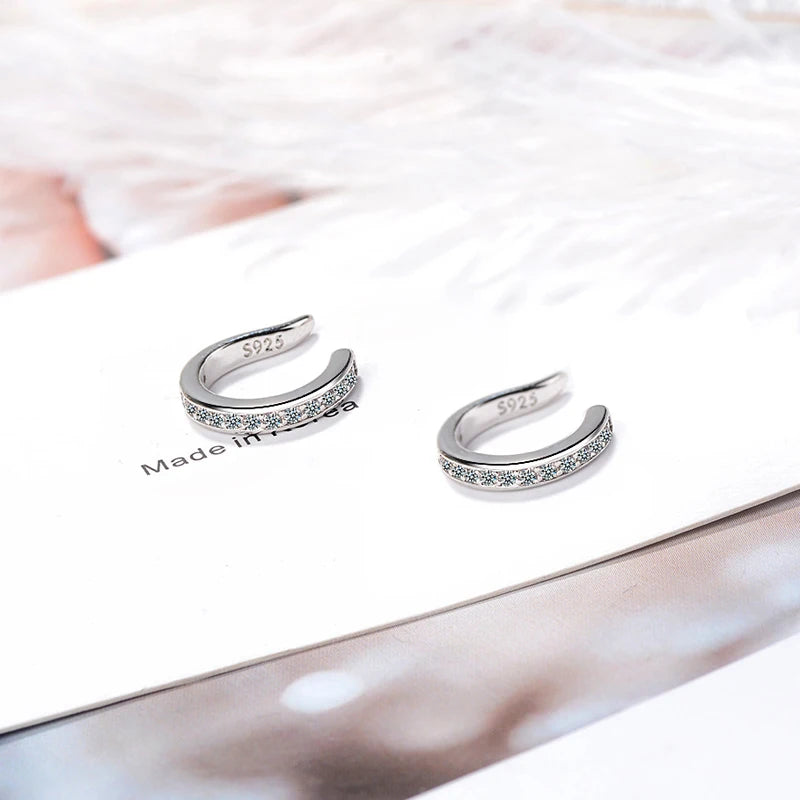 Brincos Earcuff em Prata 925 com Zircão, Modelo Sem Furo Estilo Punk Rock Moderno e Sofisticado