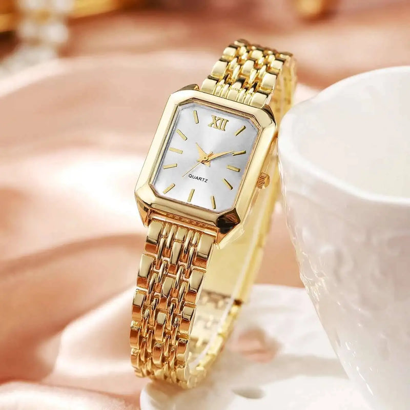 Relógio Feminino Retangular de Quartzo em Metal Dourado, Design Slim e Sofisticado para Looks Fashion e Casuais