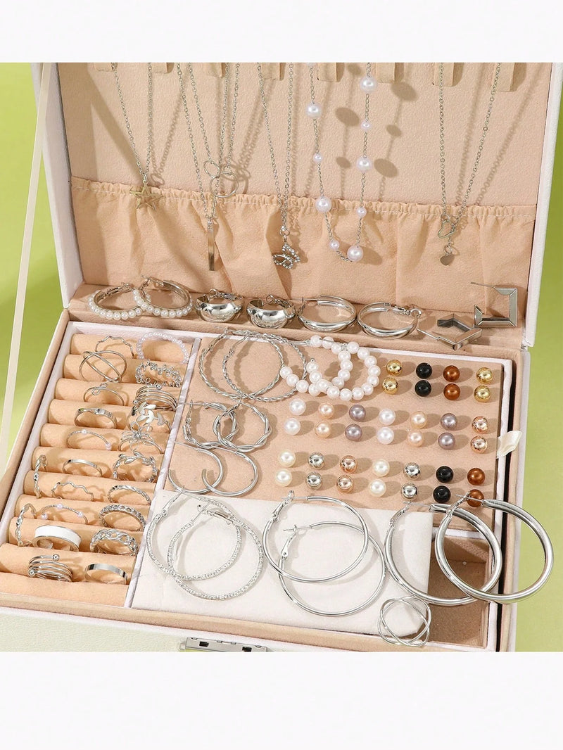 Maxi Kit 86 Peças com Colares, Anéis, Brincos e Pulseiras em Pérola, Multiuso para Moda Casual e Festiva