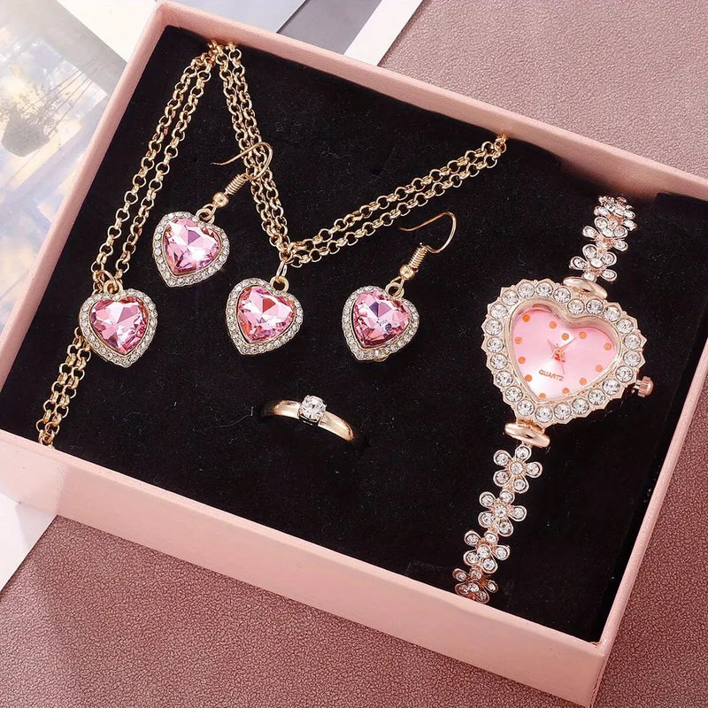 Kit Completo com Relógio, Colar, Pulseira, Anel e Brincos em Strass, Presente Feminino de Luxo
