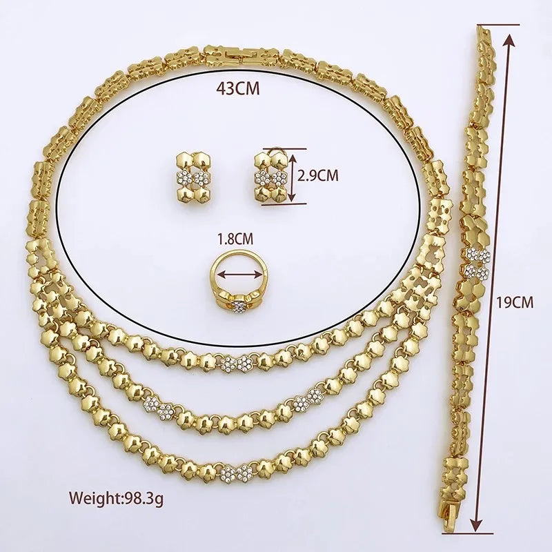Kit Feminino Banhado a Ouro com Colar, Brincos, Pulseira e Anel, Luxo Italiano para Festas e Eventos