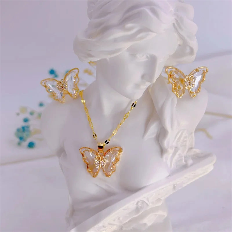 Conjunto Feminino de Colar e Brincos Borboleta, Luxo Europeu em Aço Inoxidável Micro-Incrustado