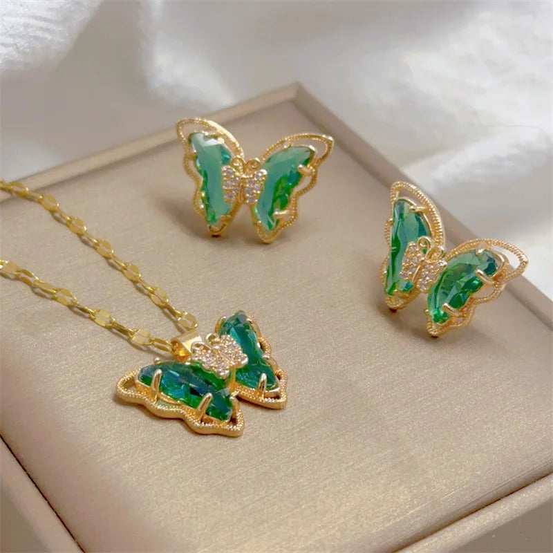 Conjunto Feminino de Colar e Brincos Borboleta, Luxo Europeu em Aço Inoxidável Micro-Incrustado