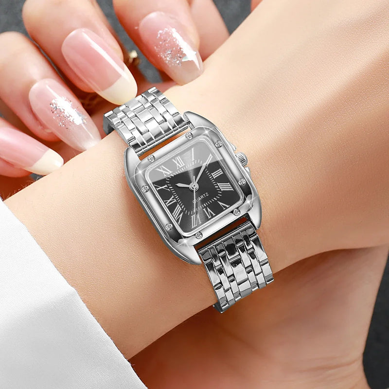 Relógio Feminino Quadrado de Quartzo 23mm, Mostrador Romano, Pulseira Metálica Dourada Casual e Fashion