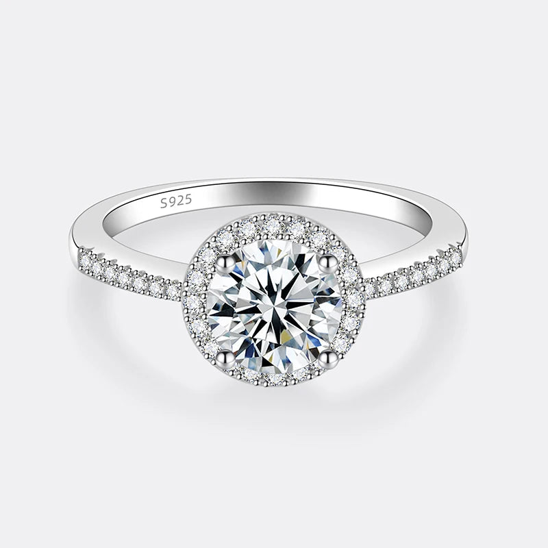 Anel Feminino em Prata 925 com Moissanite Redondo de 0.5 a 2CT, Banhado a Ouro Branco 18K