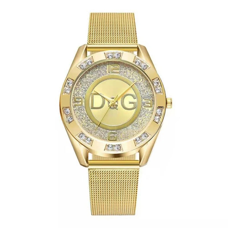 Relógio Feminino de Luxo 36mm, Pulseira Malha em Aço Inox Dourado, Mostrador Minimalista com Brilhos