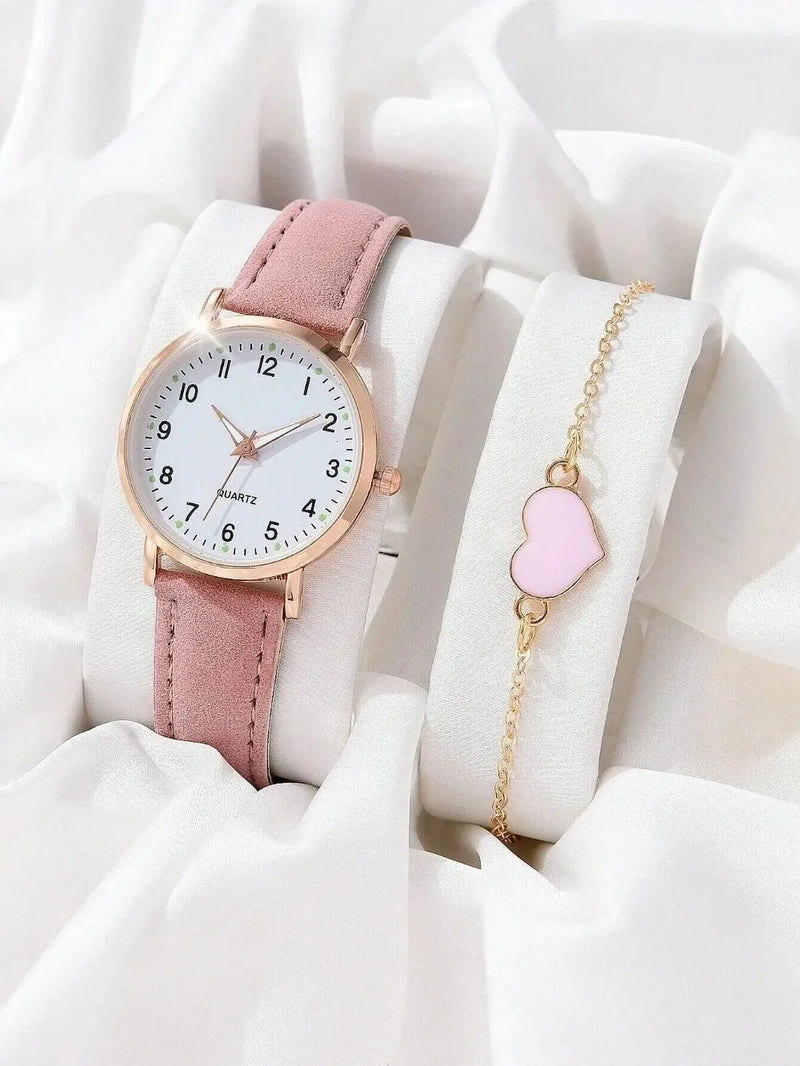 Kit Feminino com Relógio de Quartzo 31mm + Pulseira, Mostrador Redondo e Pulseira de Couro, Visual Casual Elegante para Todo Dia