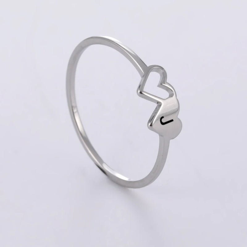 Anel Feminino de Coração Duplo com Letra Inicial em Aço Inoxidável Banhado a Ouro 18K, Moda Personalizada para Casamento e Presentes