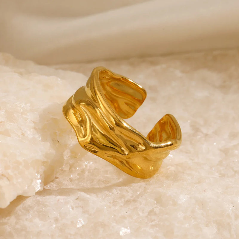 Anel Feminino Aberto Geométrico em Aço Inoxidável Dourado, Design Irregular Moderno e Estilo Minimalista
