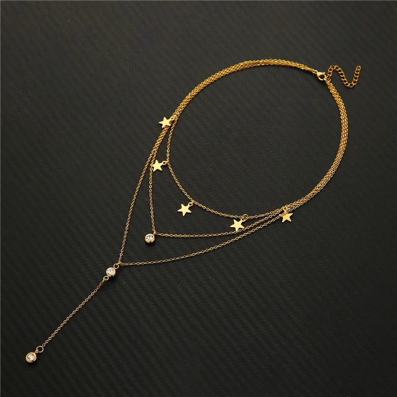 Colar Feminino em Aço Inoxidável com Pingente de Cristal em Forma de Y, Estilo Brilhante e Romântico