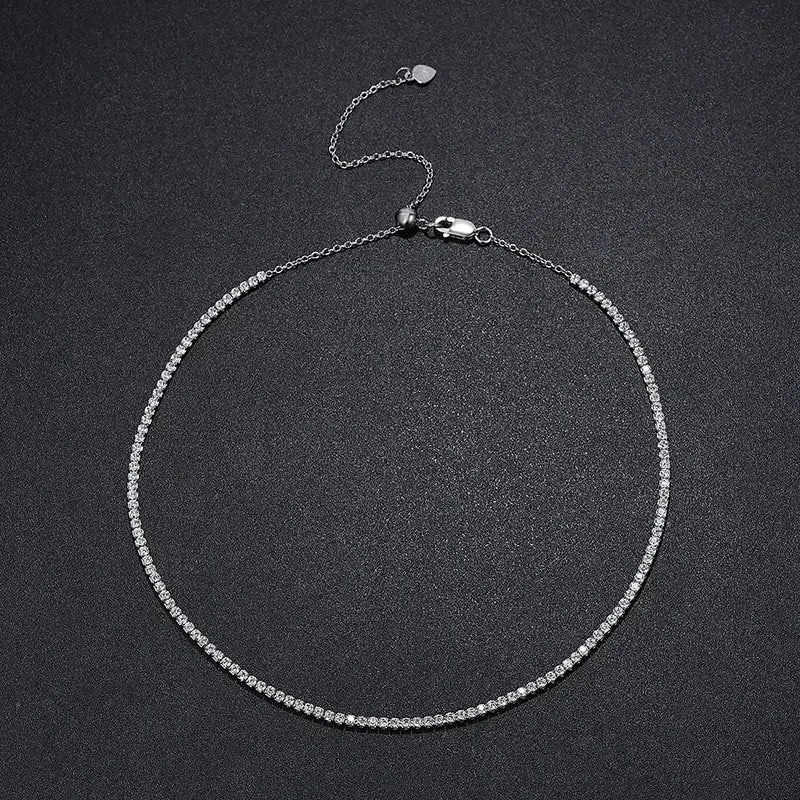 Colar Gargantilha de Tênis Moissanite 2mm em Prata 925, Brilho Intenso e Luxo Atemporal