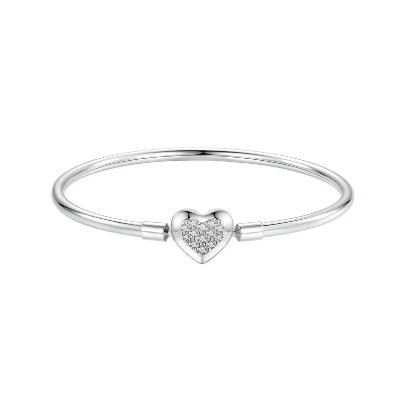 Pulseira Feminina em Prata 925 com Fecho em Coração e Charme Personalizável, Estilo Clássico e Elegante