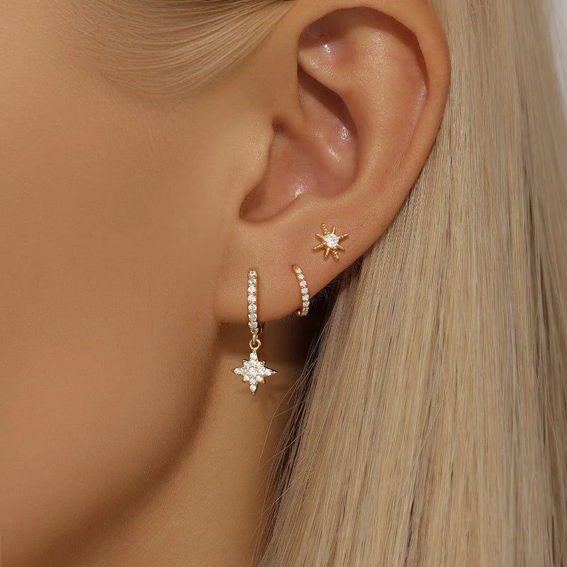 Conjunto com 3 Pares de Brincos Estrela em Aço Inoxidável Banhados a Ouro 18K, Estilo Punk e Moderno