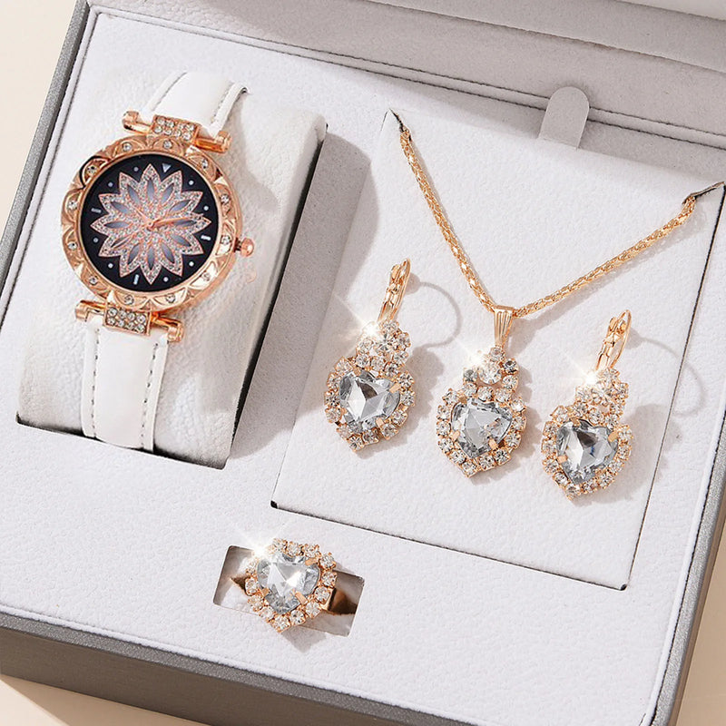 Kit Feminino com Relógio, Colar e Brincos de Cristal, Presente Sofisticado para Mãe, Esposa ou Namorada