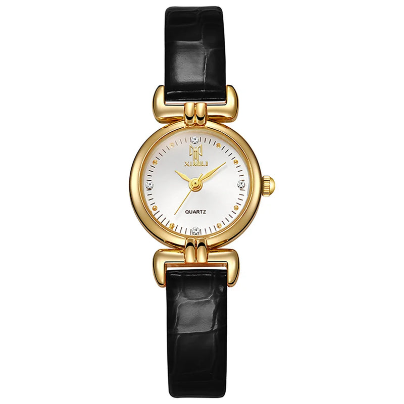 Relógio Feminino Pequeno de Quartzo 22mm, Pulseira em Couro Branco, Estilo Minimalista com Detalhes em Diamante