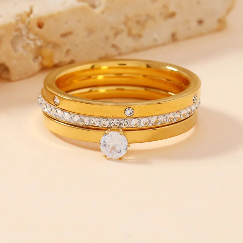 Conjunto Feminino com 3 Anéis em Aço Inoxidável Banhado a Ouro 18K, Clássicos com Zircônia para Estilo Moderno
