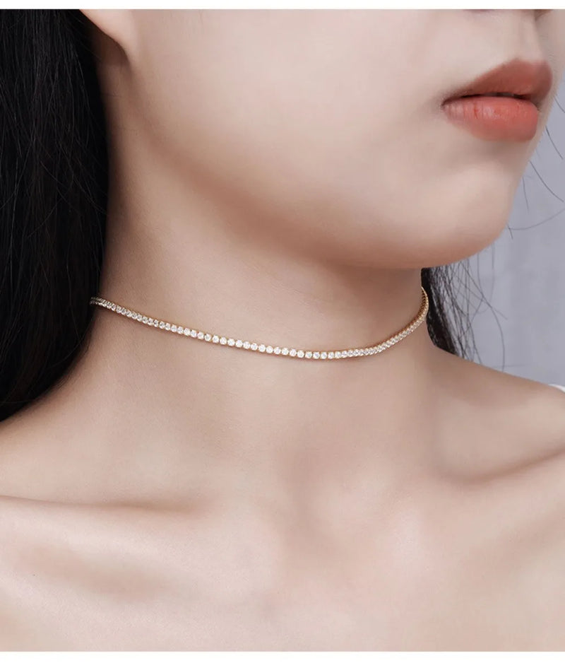 Colar Gargantilha de Tênis Moissanite 2mm em Prata 925, Brilho Intenso e Luxo Atemporal