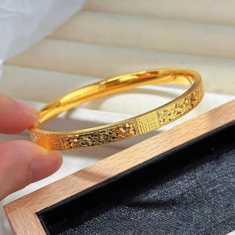 Pulseira Feminina em Ouro 24K AU999 com Detalhes Ice-Crack, Luxo Oriental e Artesanato Exclusivo