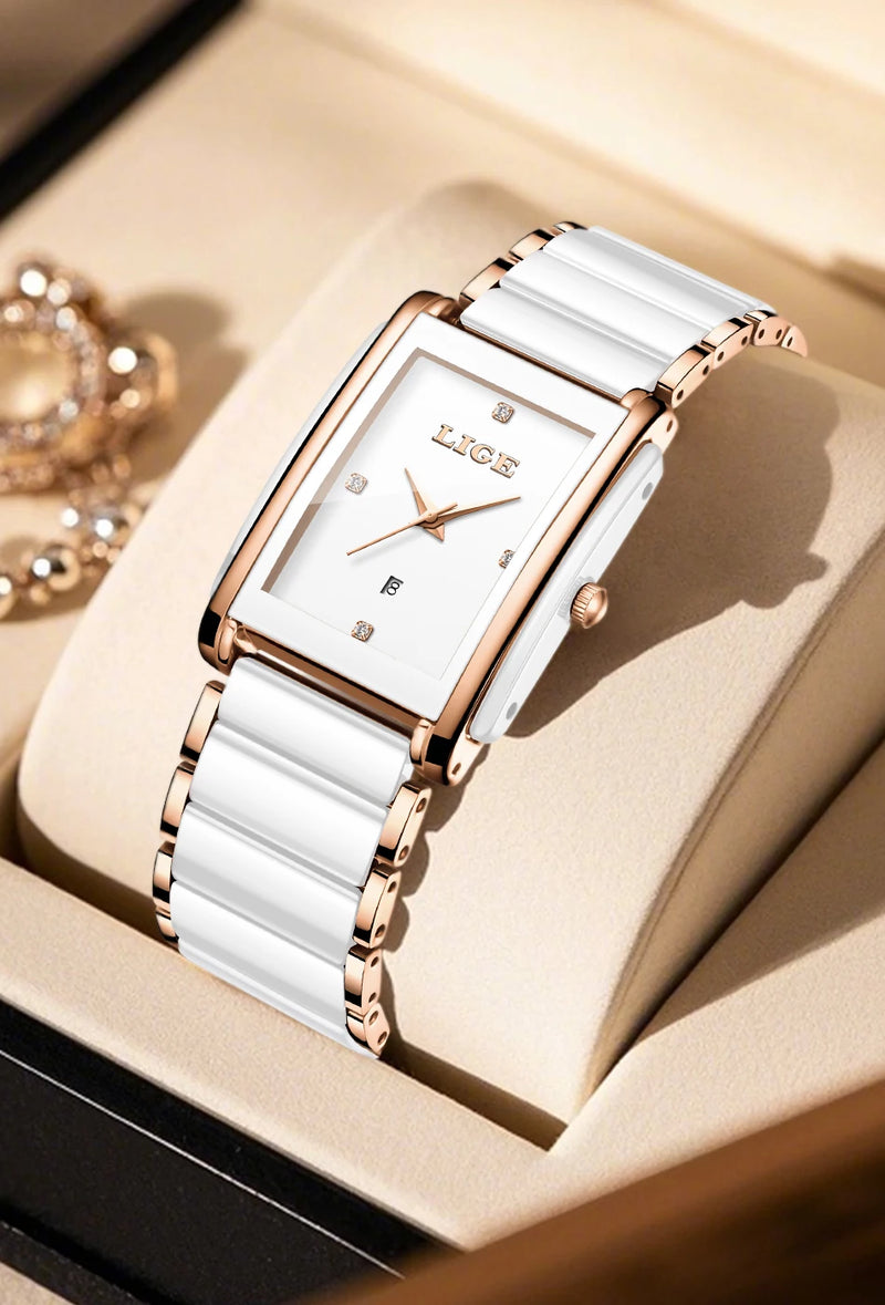 Relógio Feminino LIGE Quadrado de Quartzo em Cerâmica, 34mm, Funções de Data Automática e Resistência à Água 3ATM