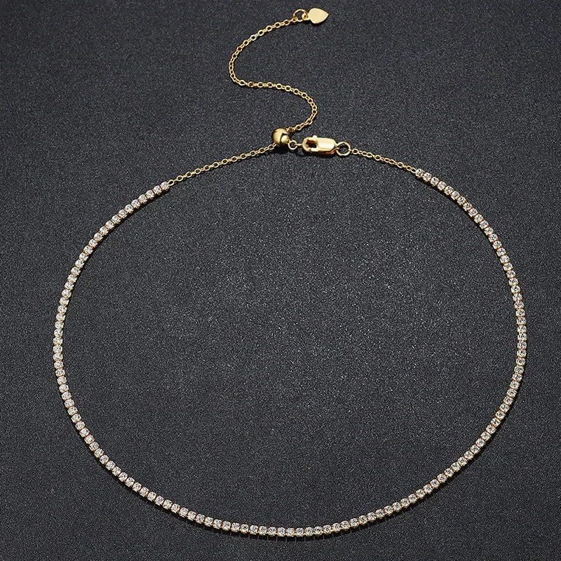 Colar Gargantilha de Tênis Moissanite 2mm em Prata 925, Brilho Intenso e Luxo Atemporal