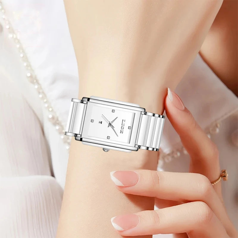 Relógio Feminino LIGE Quadrado de Quartzo em Cerâmica, 34mm, Funções de Data Automática e Resistência à Água 3ATM