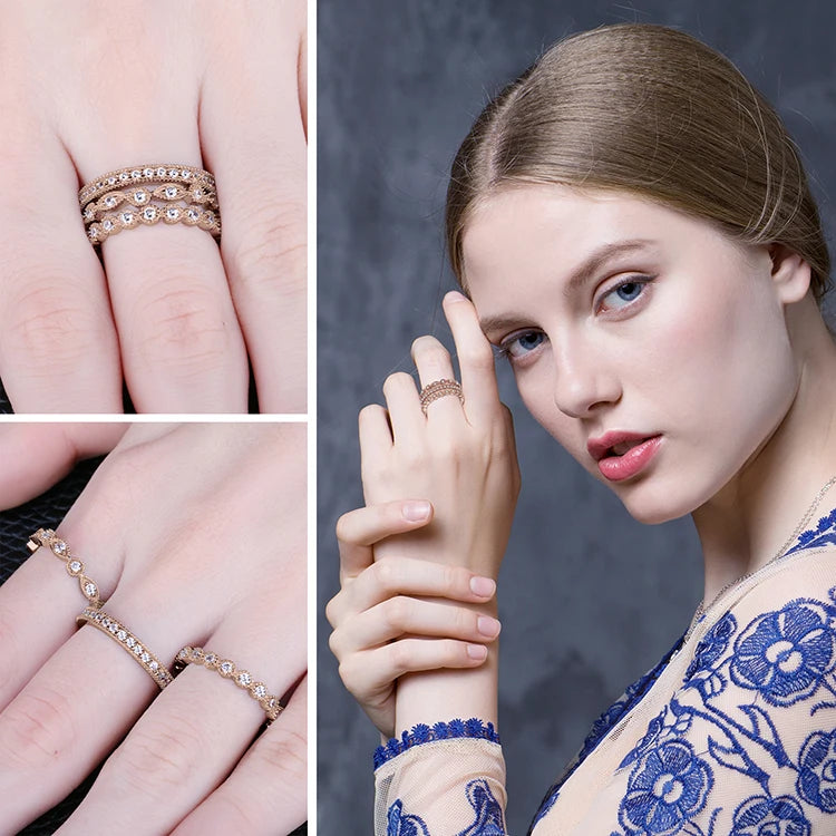 Conjunto de 3 Anéis Femininos em Prata 925 Banhada com Zircônia Cúbica AAA, Estilo Empilhável Versátil e Elegante