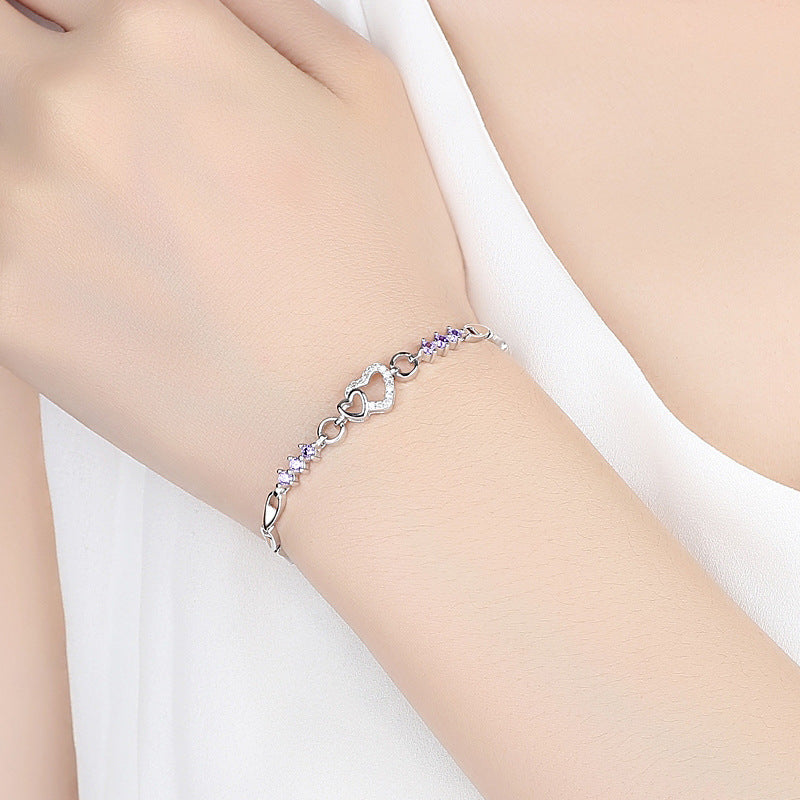 Pulseira Feminina em Prata 925 com Cristais de Zircão Roxo, Design Romântico e Elegante para Presente