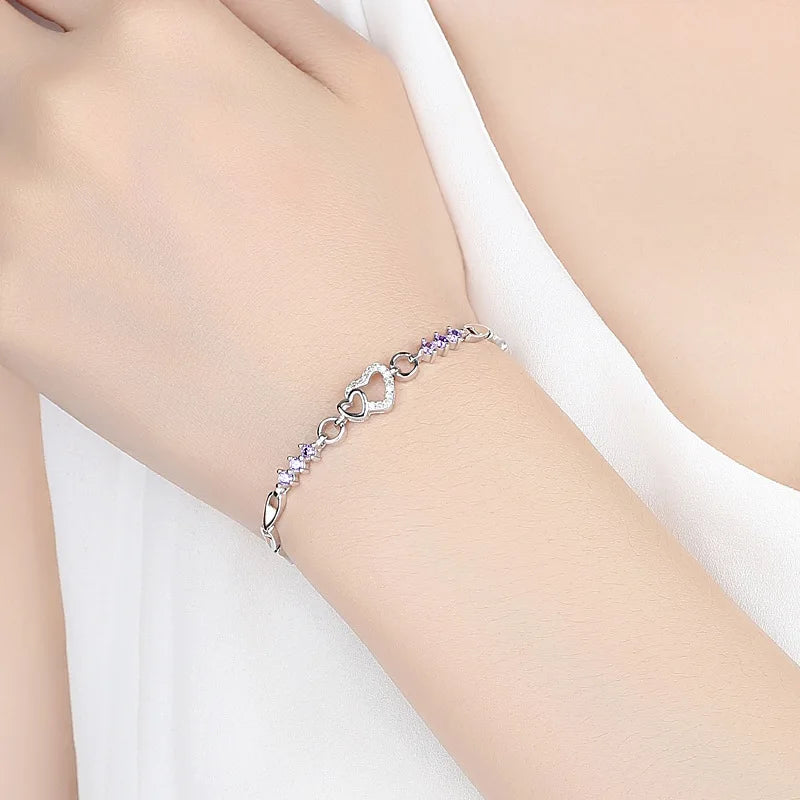 Pulseira Feminina em Prata 925 com Cristais de Zircão Roxo, Design Romântico e Elegante para Presente