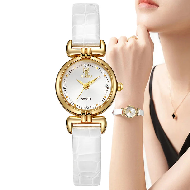 Relógio Feminino Pequeno de Quartzo 22mm, Pulseira em Couro Branco, Estilo Minimalista com Detalhes em Diamante