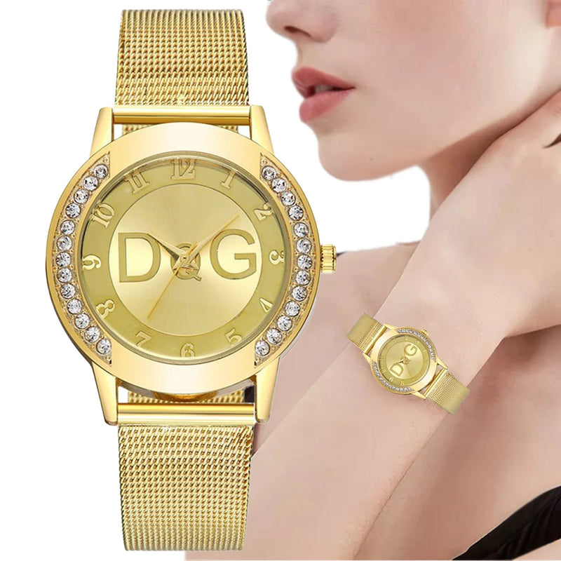 Relógio Feminino de Luxo 36mm, Pulseira Malha em Aço Inox Dourado, Mostrador Minimalista com Brilhos
