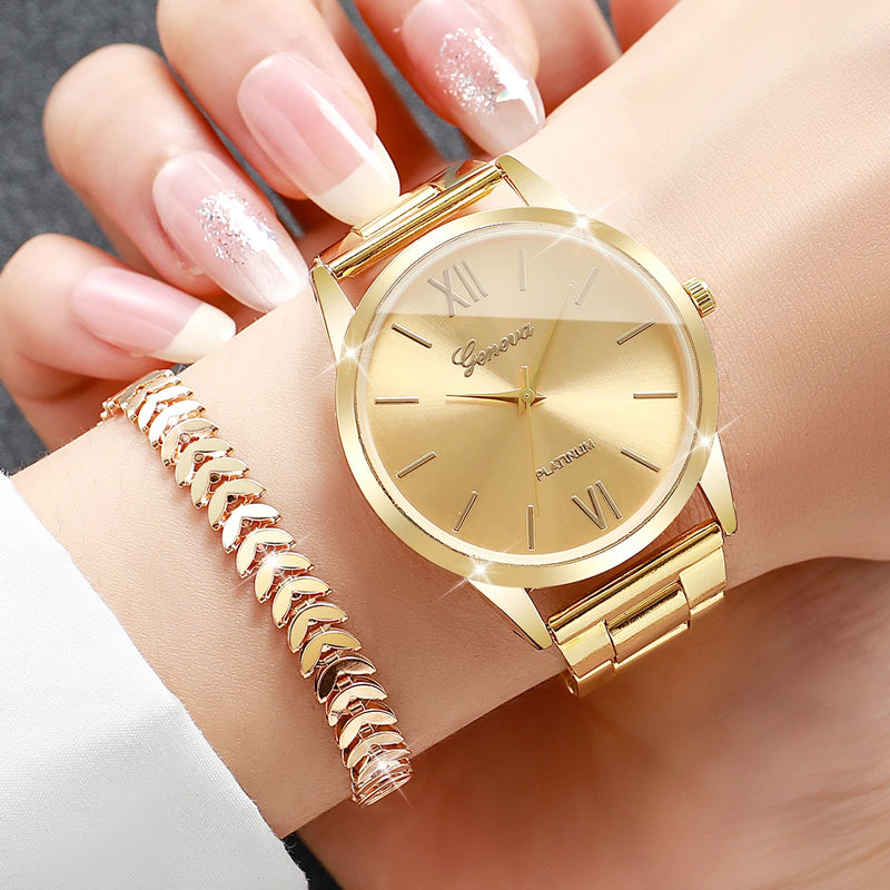 Kit com Relógio Feminino de Quartzo 38mm + Pulseira, Mostrador Romano Luxo Fashion e Casual