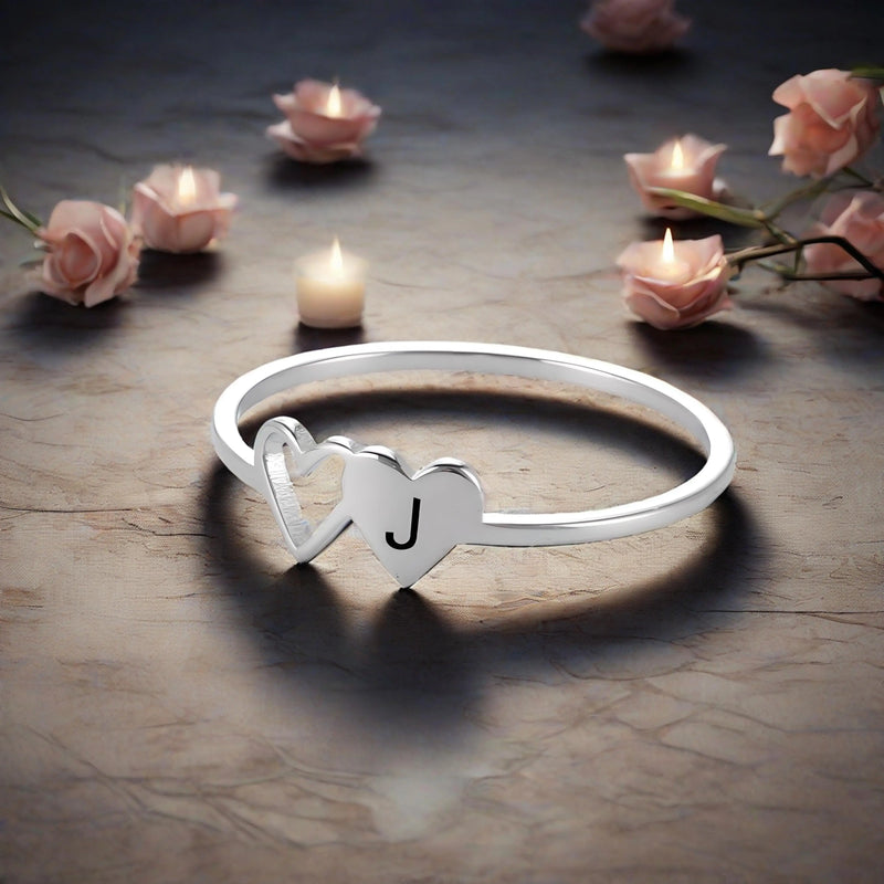 Anel Feminino de Coração Duplo com Letra Inicial em Aço Inoxidável Banhado a Ouro 18K, Moda Personalizada para Casamento e Presentes