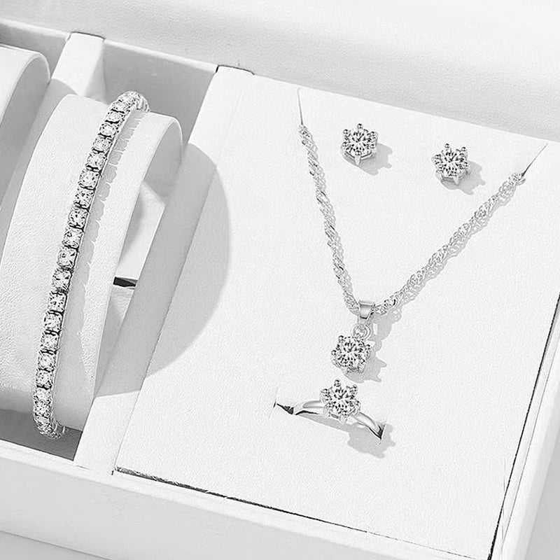 Kit Princesa 5 Peças com Colar, Pulseira, Anel e Brincos em Cristal, Luxo para Noivas e Presentes Especiais