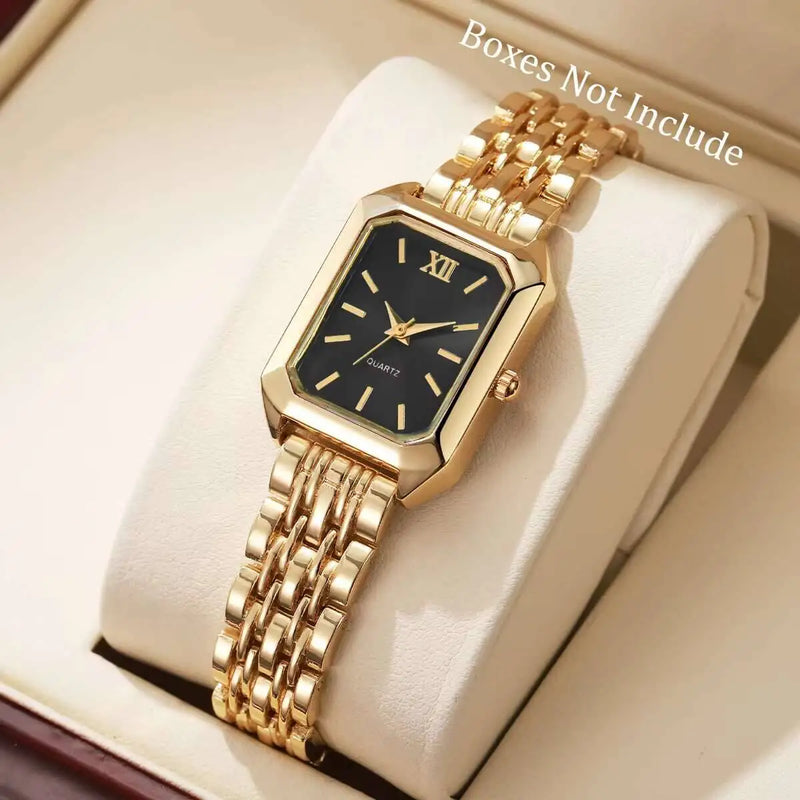 Relógio Feminino Retangular de Quartzo em Metal Dourado, Design Slim e Sofisticado para Looks Fashion e Casuais