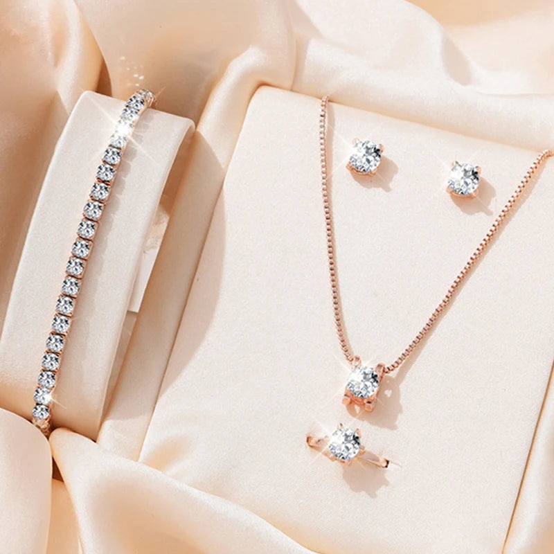 Kit Princesa 5 Peças com Colar, Pulseira, Anel e Brincos em Cristal, Luxo para Noivas e Presentes Especiais