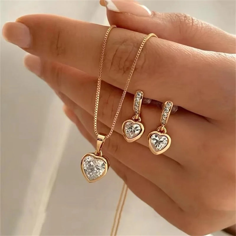 Kit de Joias 3 Peças Coração Duplo com Colar e Brincos de Cristal, Presente Feminino Sofisticado