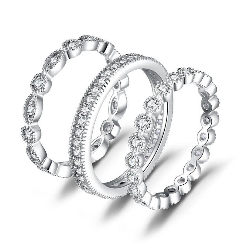 Conjunto de 3 Anéis Femininos em Prata 925 Banhada com Zircônia Cúbica AAA, Estilo Empilhável Versátil e Elegante