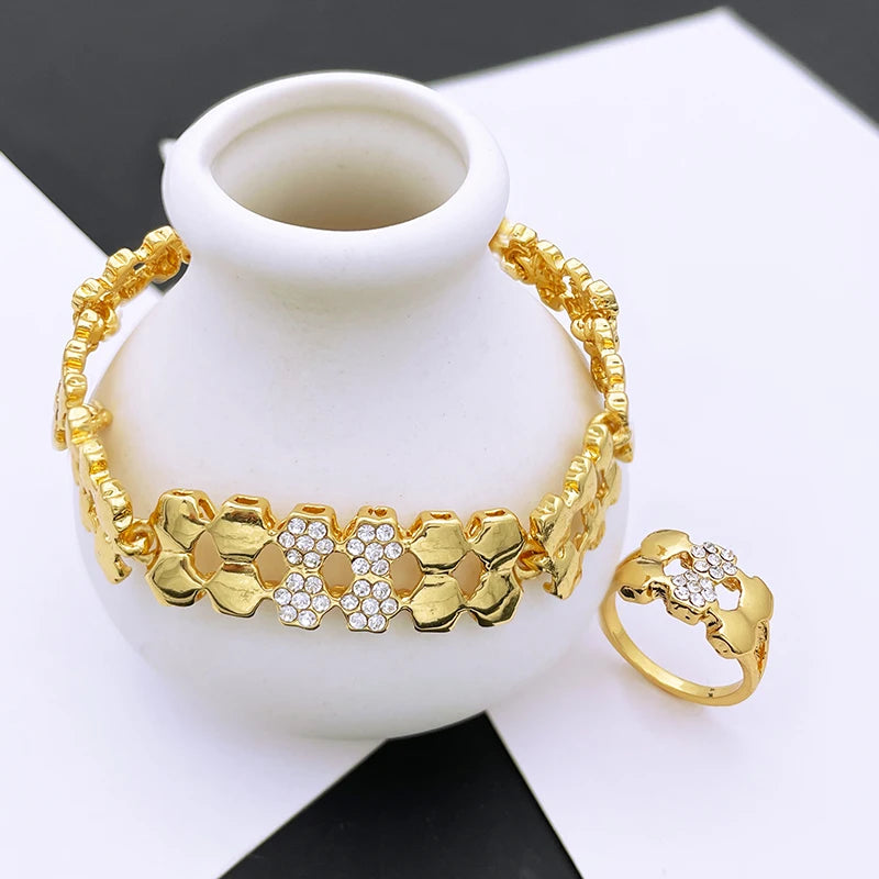 Kit Feminino Banhado a Ouro com Colar, Brincos, Pulseira e Anel, Luxo Italiano para Festas e Eventos
