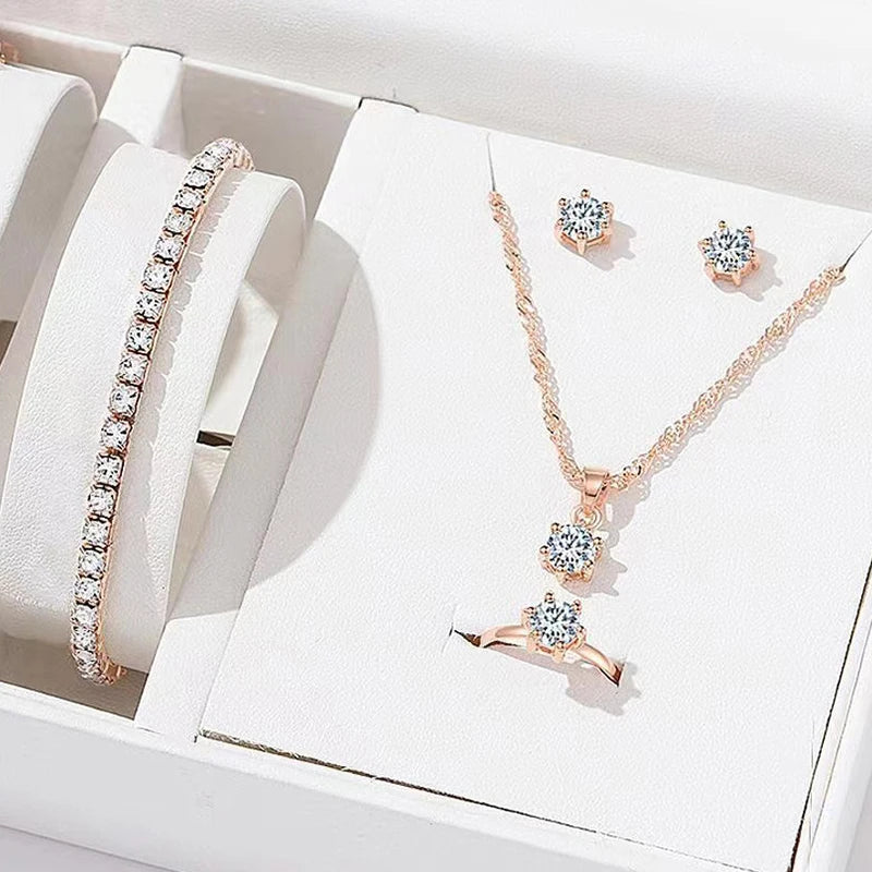 Kit Princesa 5 Peças com Colar, Pulseira, Anel e Brincos em Cristal, Luxo para Noivas e Presentes Especiais