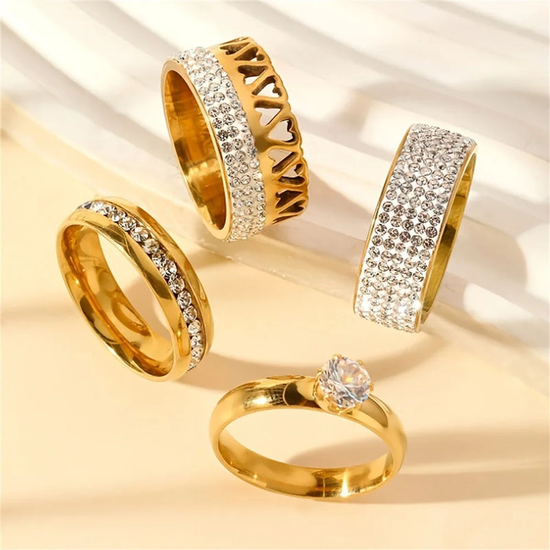 Conjunto Feminino com 3 Anéis em Aço Inoxidável Banhado a Ouro 18K, Clássicos com Zircônia para Estilo Moderno
