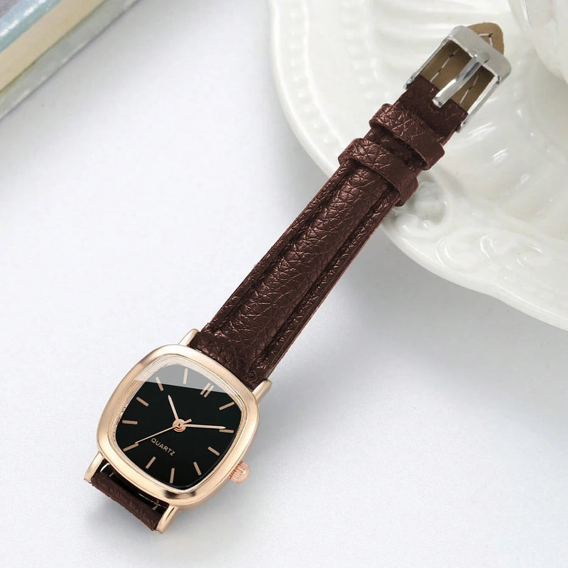 Conjunto Feminino Relógio de Quartzo Quadrado + Pulseira de Coração, Estilo Casual Chic em Couro