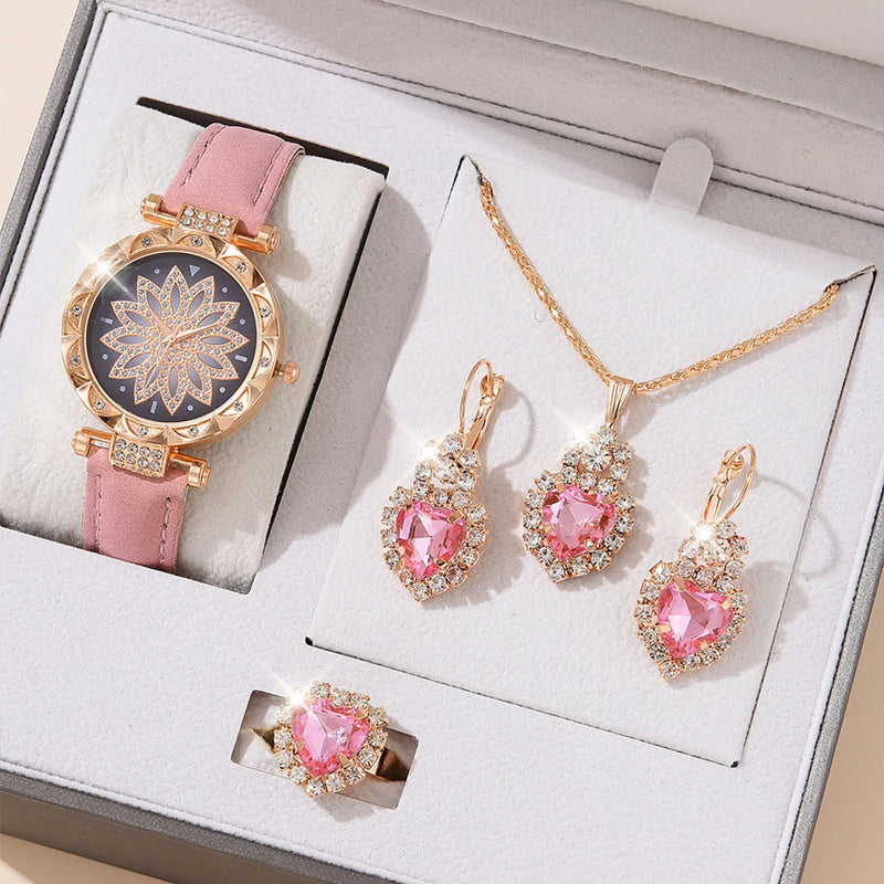 Kit Feminino com Relógio, Colar e Brincos de Cristal, Presente Sofisticado para Mãe, Esposa ou Namorada