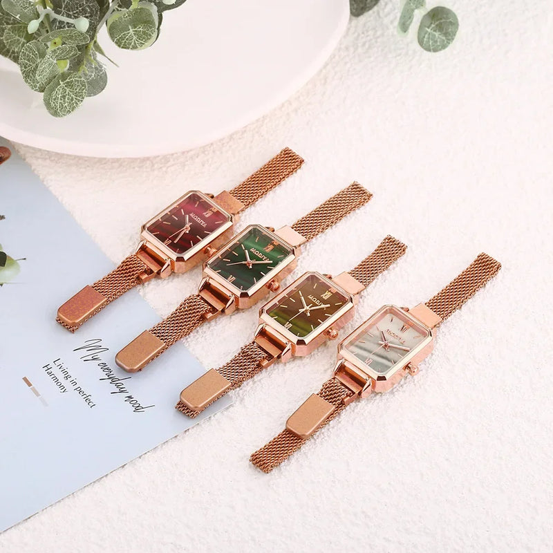 Relógio Feminino Retangular Luxo com Pulseira Magnética em Aço Inox, Mostrador Verde com Detalhes em Rosa Ouro
