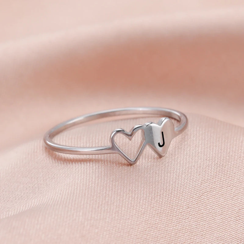 Anel Feminino de Coração Duplo com Letra Inicial em Aço Inoxidável Banhado a Ouro 18K, Moda Personalizada para Casamento e Presentes
