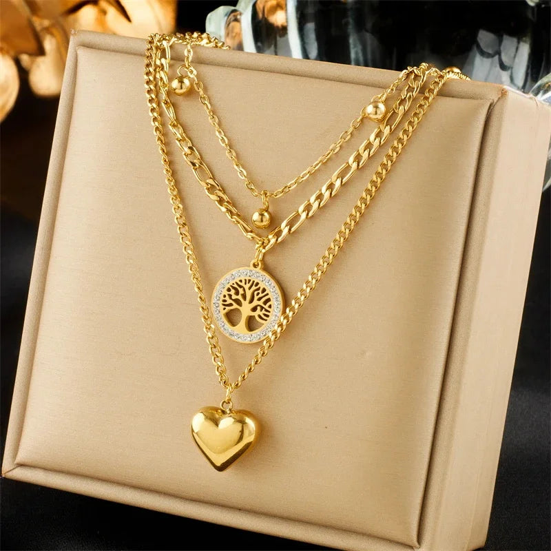 Kit Feminino com Colar, Pulseira e Brincos Coração da Sorte, Banhado a Ouro com Cristais