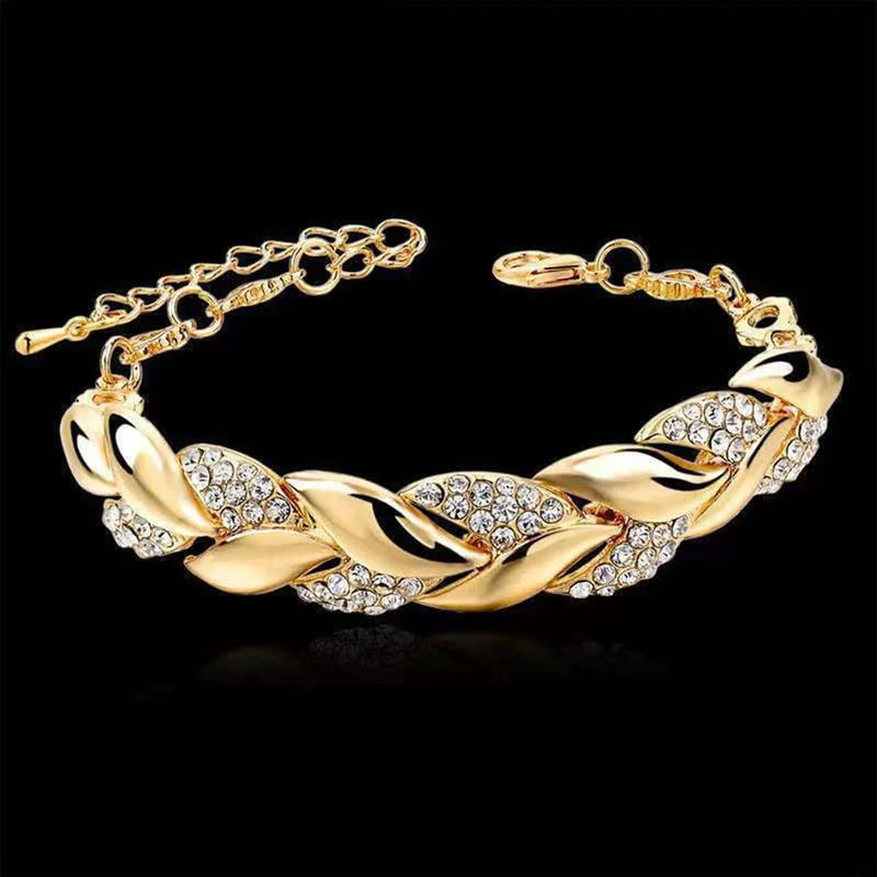 Pulseira Feminina com Folha Dourada, Corrente Ajustável e Cristais Brilhantes, Estilo Clássico e Elegante