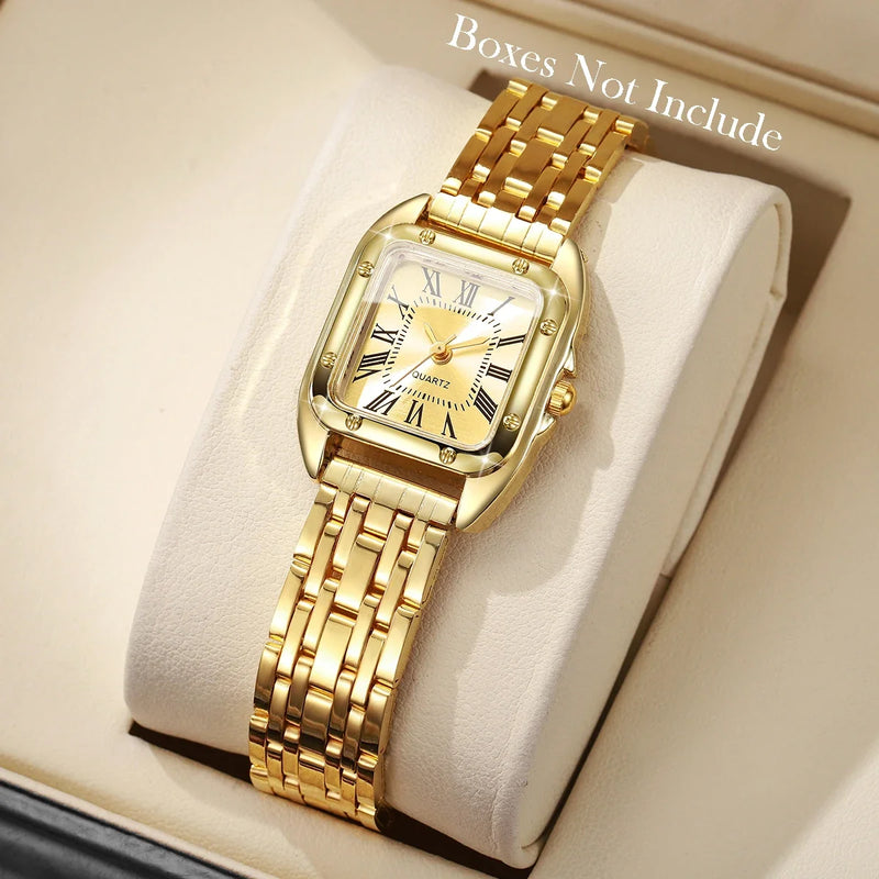 Relógio Feminino Quadrado de Quartzo 23mm, Mostrador Romano, Pulseira Metálica Dourada Casual e Fashion