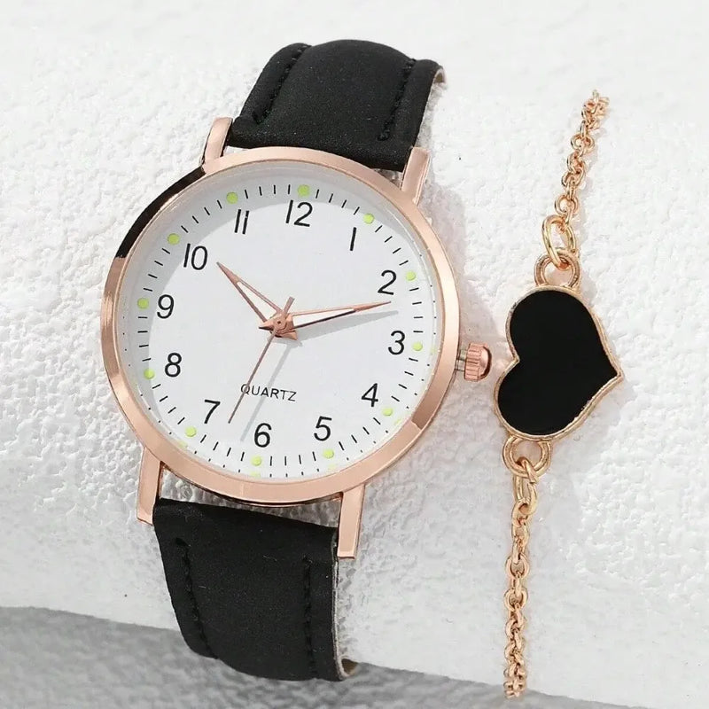 Kit Feminino com Relógio de Quartzo 31mm + Pulseira, Mostrador Redondo e Pulseira de Couro, Visual Casual Elegante para Todo Dia
