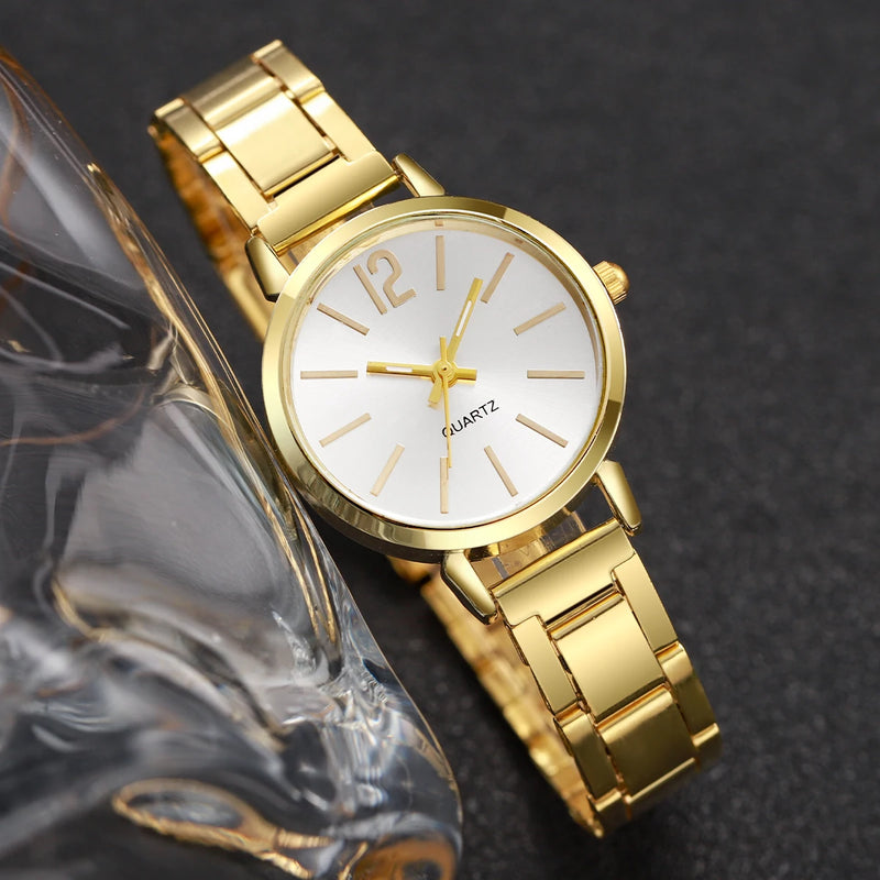Conjunto Feminino com Relógio de Quartzo Dourado + Pulseira, Elegância Casual em Aço de Liga para o Dia a Dia