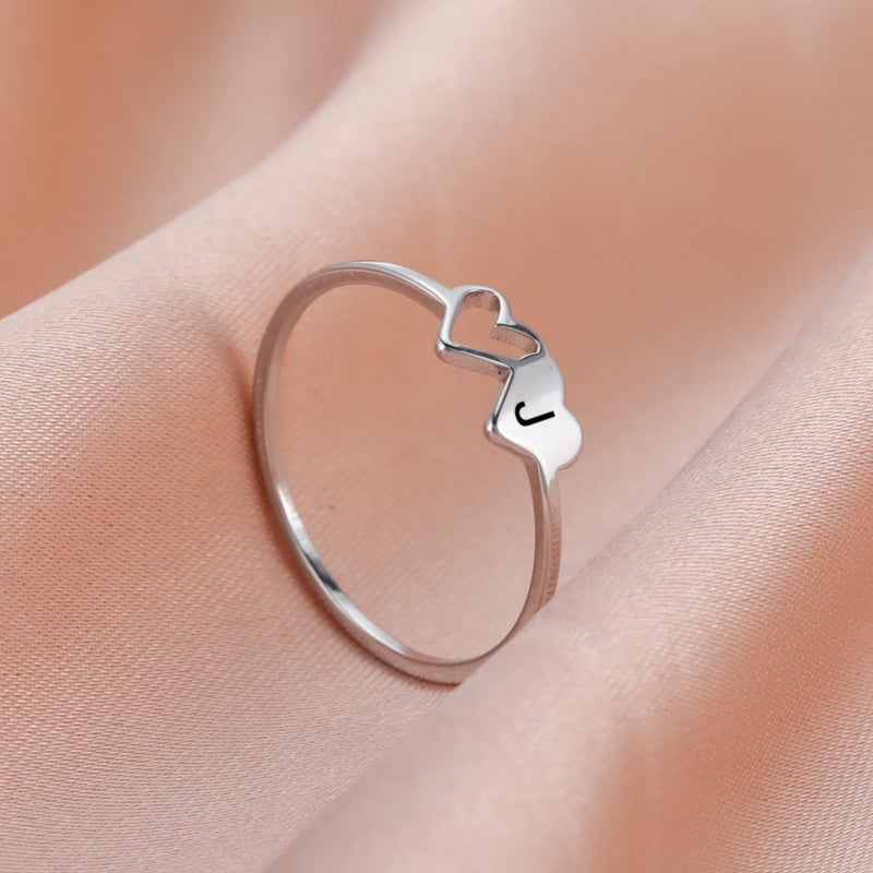 Anel Feminino de Coração Duplo com Letra Inicial em Aço Inoxidável Banhado a Ouro 18K, Moda Personalizada para Casamento e Presentes